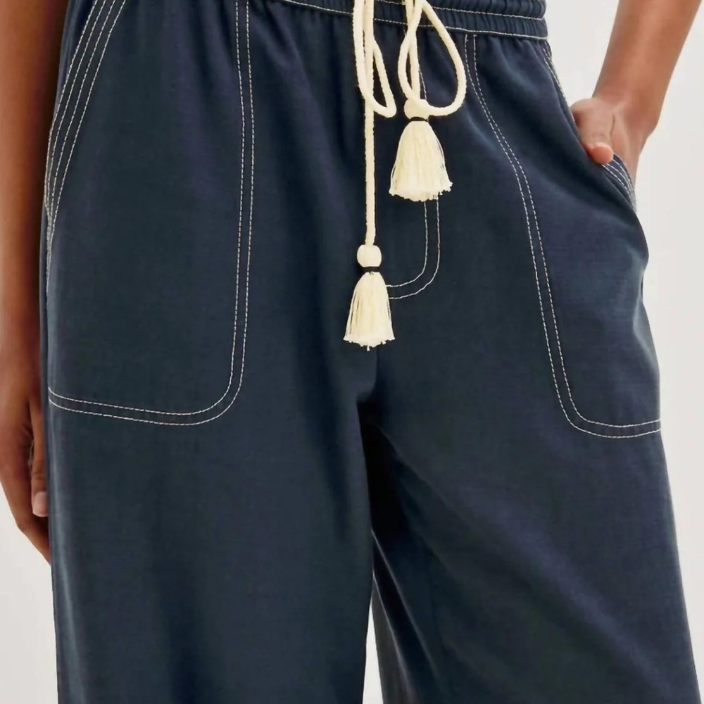 Navy Wide Leg Pants With Rope Drawstring and Contrast Stitching - Picture 4 of 6
